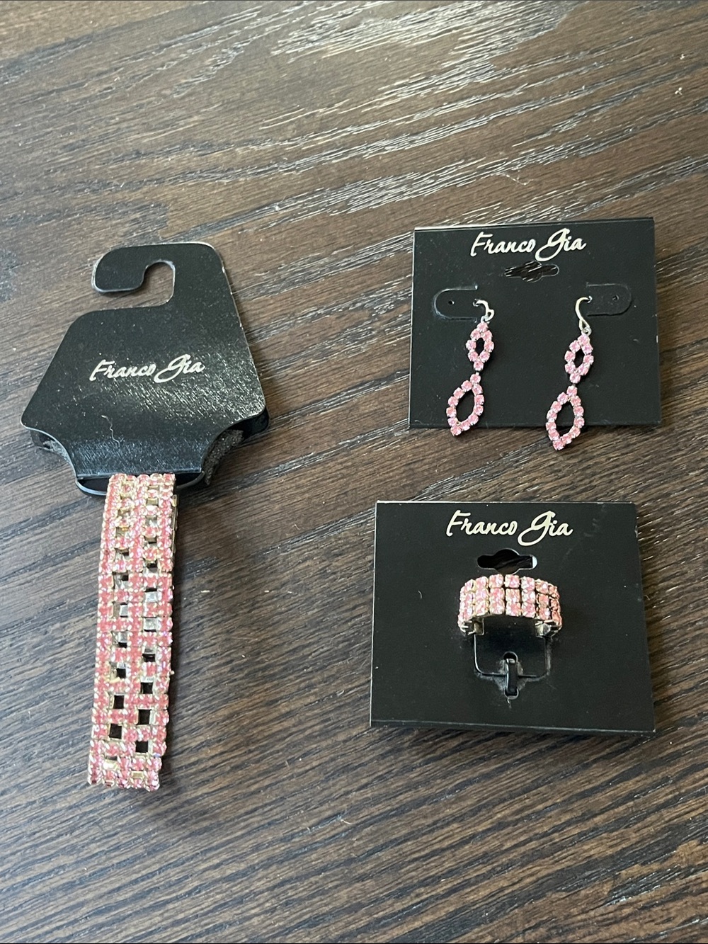 Franco Gia 3 piece pink sparkly earrings, ring and bracelet